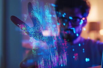 Programmer interacting with digital code glowing hand futuristic technology