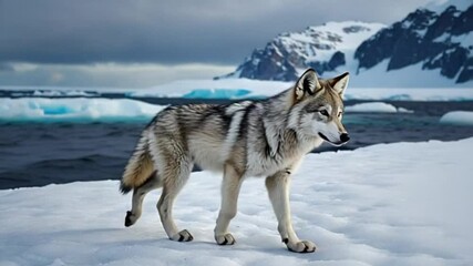 Fototapete - A wolf stands on ice with ocean and snowy mountains in the background looking at the camera