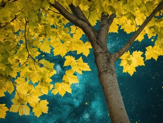 Wall Mural - upward view of tree with yellow leaves against starry sky fantasy nature autumnal dreamscape
