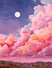Wall Mural - dreamy watercolor landscape painting of pink clouds under a full moon and starry sky above rolling h