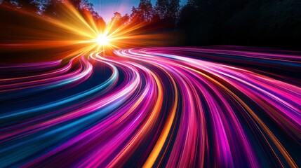 Poster - Abstract colorful light trails on a winding road at sunset.