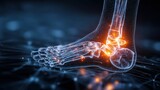 Digital illustration of a human foot skeleton with highlighted ankle joints, representing medical anatomy or orthopedic technology.
