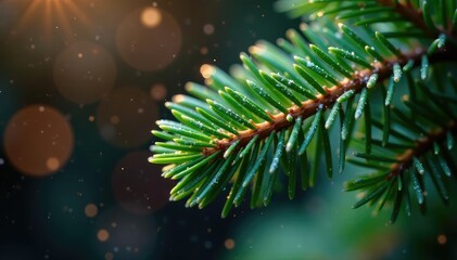 Wall Mural - Close-up of pine needles dusted with sparkling glitter, festive holiday texture , closeup, pine tree, twinkly