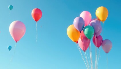 Wall Mural - Colorful balloons floating against a clear blue sky, party, bright