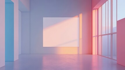 Poster - Pastel-colored minimalist room with large window and blank canvas.