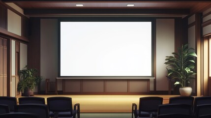 Poster - Empty presentation room with blank screen, wooden stage, and seating.