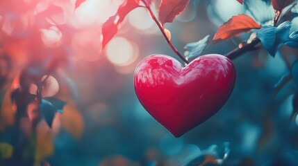 Aufkleber - Red heart hanging from a tree branch at sunset.