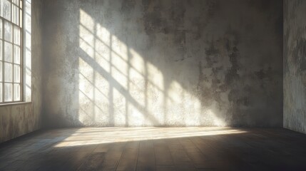 Poster - Sunlit empty room with grunge wall, wooden floor, and large window casting shadows.
