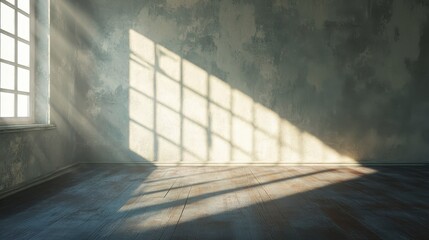 Poster - Sunlit empty room with textured walls and wooden floor.