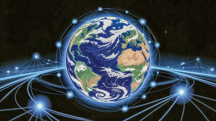 Wall Mural - Digital illustration of earth with glow network connective a futuristic global technology concep 