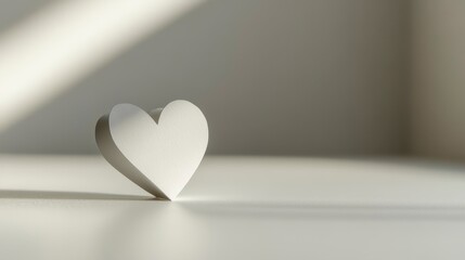 Poster - Minimalist white heart shape on a light surface with soft sunlight.