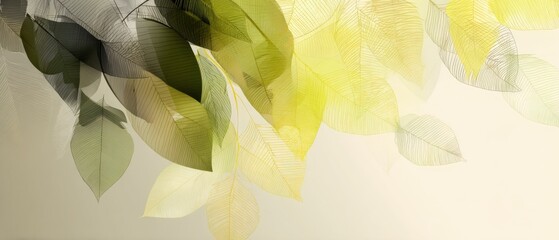 Wall Mural - abstract skeletal leaves in green and yellow tones artistic background with delicate veins and soft 