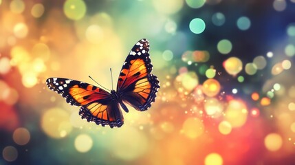 Poster - A vibrant monarch butterfly in flight against a bokeh background of colorful lights.