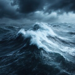 Wall Mural - Turbulent ocean waves crashing under a stormy sky aerial view showcasing nature's power and dramatic seascape