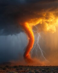 Wall Mural - Dramatic tornado touching down with lightning strike in desert landscape at sunset wide angle