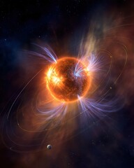 Wall Mural - fiery sun with magnetic field lines and distant planets in deep space abstract illustration