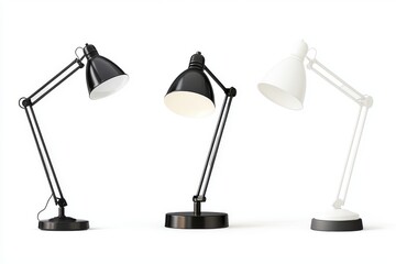 Three lamps isolated on white background, showing different light states, for study, office, or bedside use.
