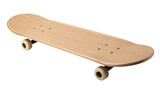A wooden skateboard deck with four wheels and visible hardware holes.
