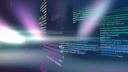 Wall Mural - floating code panels moving through cosmic void, horizon band emitting neon flares in 3d render