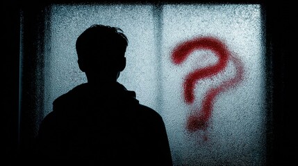 Wall Mural - Silhouette figure facing a painted question mark on a window.