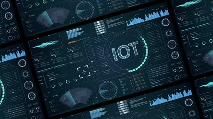 Wall Mural - motion graphic of blue digital iot letter logo with head up display (hud ui) panel and futuristic te