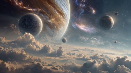 Wall Mural - dreamlike space vista with planets and clouds, surreal celestial landscape, fantasy art, cosmic scen