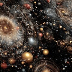 Wall Mural - steampunk universe clockwork galaxy with planets and stars abstract digital art illustration