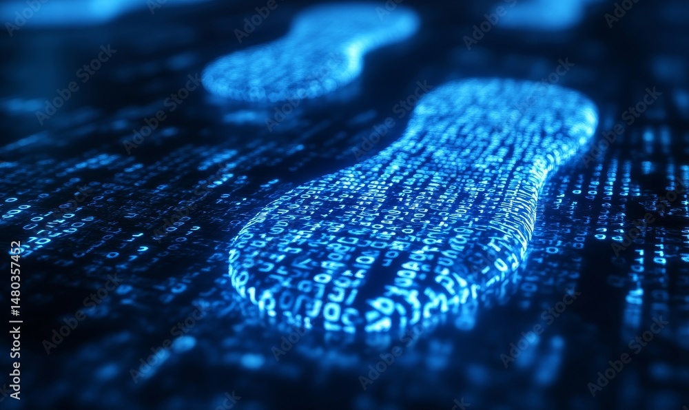 Digital footprints glowing in blue, formed by binary code, trace a path ...