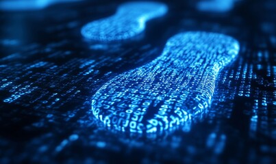 Digital footprints glowing in blue, formed by binary code, trace a path across a dark screen. The image symbolizes the digital era's data trails and the ever-growing digital footprint of humanity. 