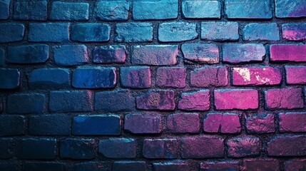 Poster - Neon-lit blue and pink brick wall texture.
