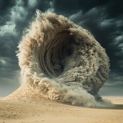 Wall Mural - Dramatic sandstorm vortex rolling across arid desert landscape under ominous stormy sky aerial view nature disaster