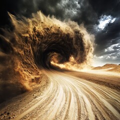 Wall Mural - Dramatic sandstorm wave approaching in desert landscape under stormy sky low angle view nature photography