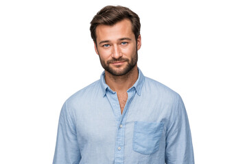 Poster - A stylish bearded man in a light blue shirt smiling and looking at camera, isolated on transparent background
