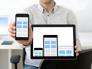 mobile app development A person holding a smartphone and tablet displaying interface designs.