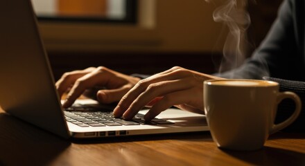 Hands Typing on Laptop and Coffee