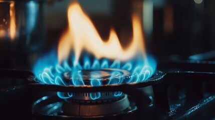 Aufkleber - Close-up of a gas stove burner with blue and orange flames.