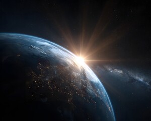 stunning 3d render blue earth, starry sky, sunrise