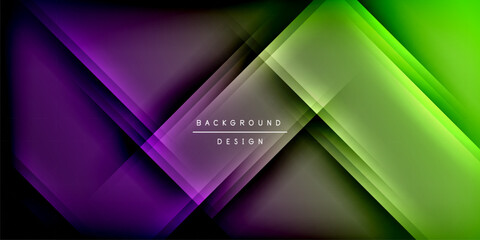 Fototapete - Abstract geometric layers create vibrant gradient effect. Dark background emphasizes bright purple, green hues. Modern design element.