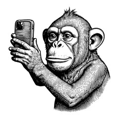 Wall Mural - monkey taking selfie using smartphone black and white outline line art drawing illustration