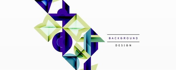 Fototapete - Abstract geometric shapes overlap, creating layered design. Colors include purple, green, blue, white. Minimalist style, modern aesthetic.