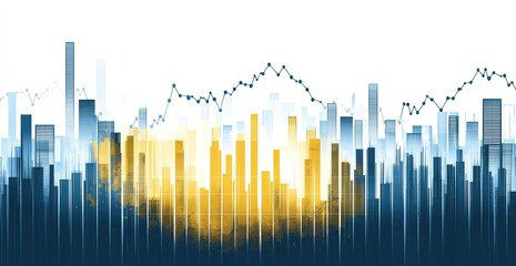 Wall Mural - Abstract cityscape with financial data overlay.  City buildings and financial growth represented by graphic data and colors, showing fluctuations