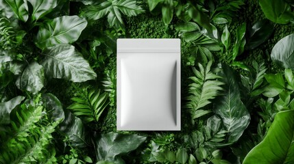 Poster - Blank white stand-up pouch on lush green foliage background.