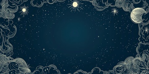Wall Mural - a navy blue background with white line drawings of stars, clouds, and suns forming an elegant border