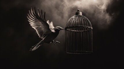 Aufkleber - Bird escaping a dark cage, wings spread, freedom concept.