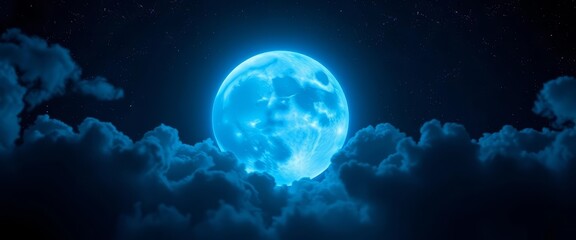 Wall Mural - surreal glowing blue moon dominates dark night sky, stars and clouds , shiny, dreamlike