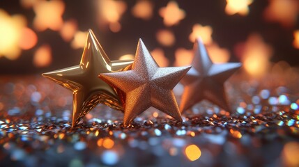 Poster - Three metallic stars on sparkly surface with bokeh background.