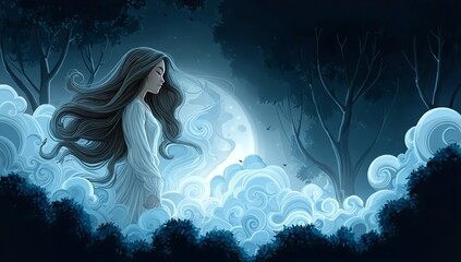 Wall Mural - a beautiful ghostly woman in the moonlight, her long hair flowing and wavy like waves. she wears a