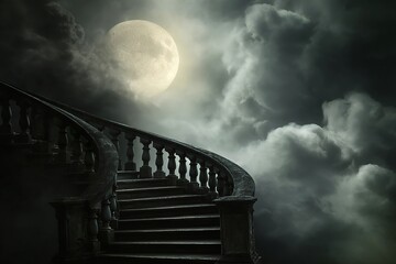 Wall Mural - an antique staircase leading to the moon, surrounded by swirling clouds and mist, evoking an