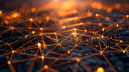 abstract network with glowing orange nodes and connecting lines forming a complex web structure