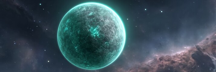 Wall Mural - celestial body in deep space - a vibrant teal planet floats in the vast expanse of space, surrounded